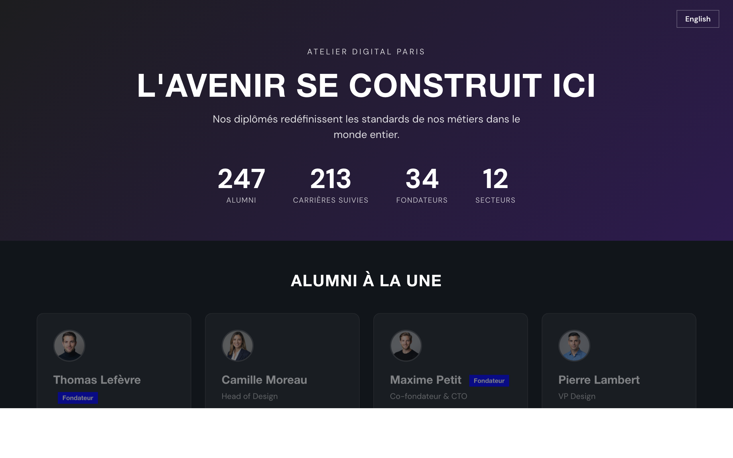 Exemple d'annuaire alumni — vue française avec héro, statistiques et profils enrichis